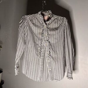 Pendleton Gray and White Striped Ruffle Blouse